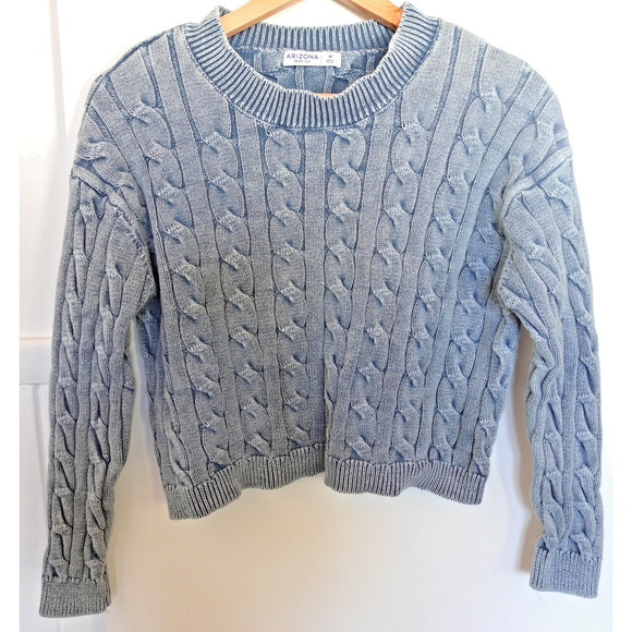 Arizona Jean Co Sweater Womens Medium Blue Chambray Cable Crop Knit Chunky Rib - Picture 1 of 7